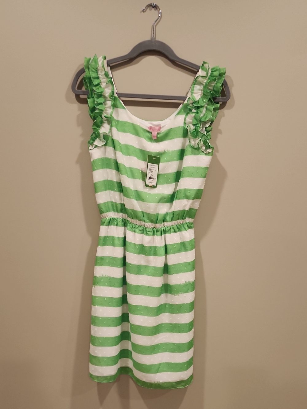 NWT Lilly Pulitzer Bright Green & White Striped Ruffle-Sleeve Dress, Size Small